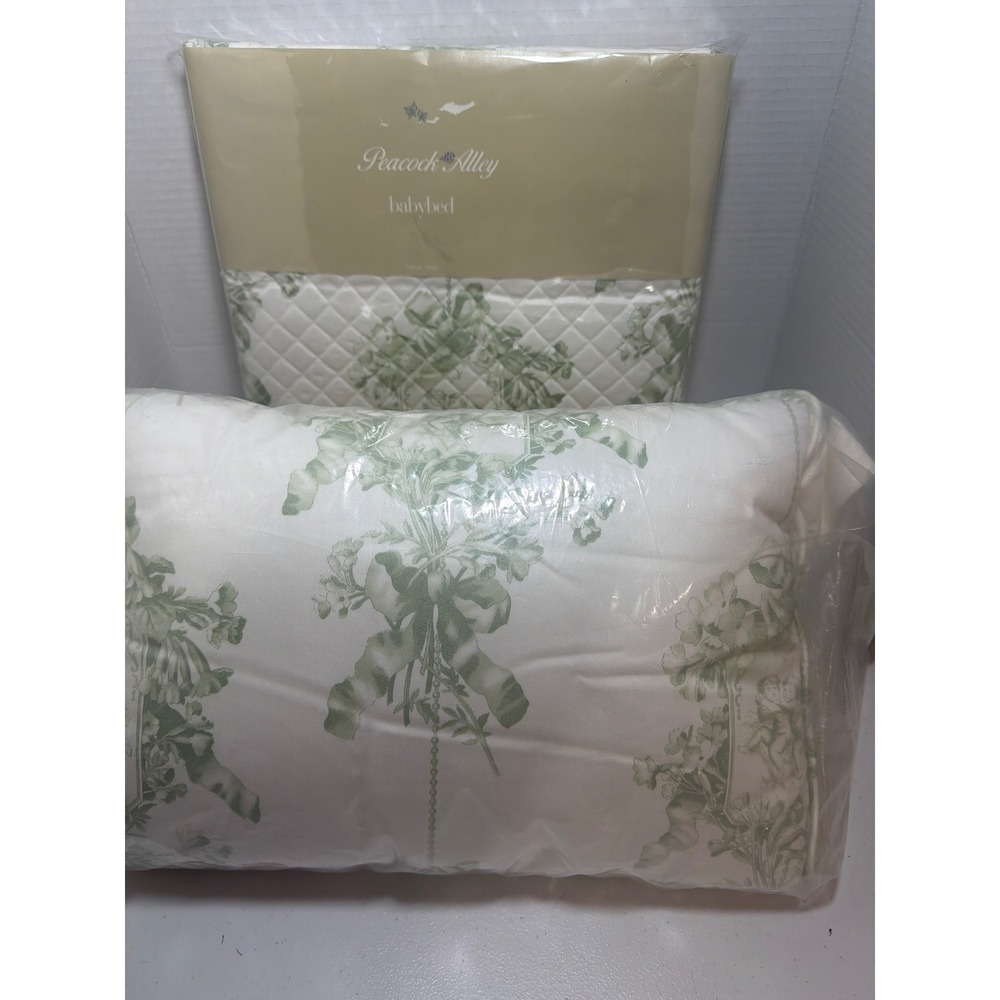 Peacock Alley Babybed Crib‎ Coverlet w/ Matching Decorative Pillow Green Floral
